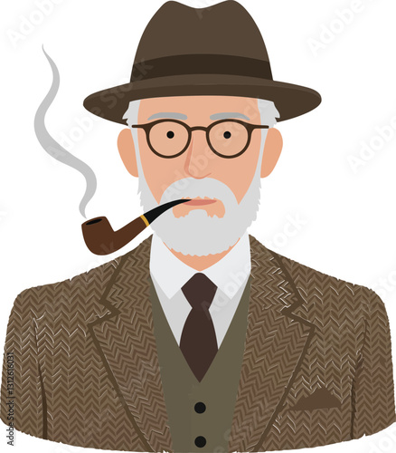 Elderly man in a brown suit and hat smoking a pipe, detailed flat vector illustration capturing wisdom and contemplation