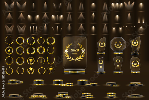 Set of glass award trophy with laurel wreath. Transparent prize template with golden laurel branches. Winner first place concept. Vector illustration. Golden Stage Spotlights Royal Awards Graphics