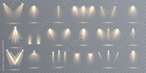 Bright yellow spotlight effects with realistic light beams and illuminated stage lighting. A professional vector illustration featuring concert lighting, focused rays, and studio spotlights