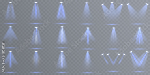 A large collection of stage lighting spotlights with powerful blue light effects. Vector illustration featuring studio lighting, projector beams, and realistic stage illumination.