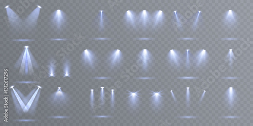 A large collection of stage lighting spotlights with powerful blue light effects. Vector illustration featuring studio lighting, projector beams, and realistic stage illumination.