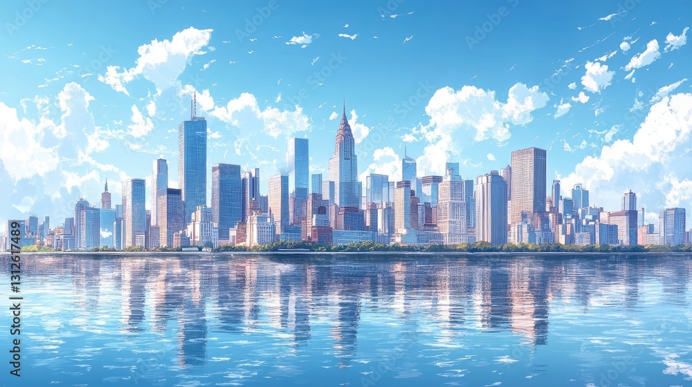 Fototapeta premium Skyline with waterfront view. Skyscrapers of financial downtown at daytime. Concept of data protection regulation and privacy for all individuals