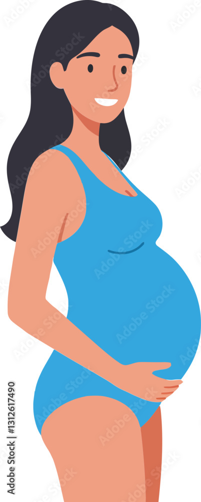 Pregnant woman in a blue swimsuit smiling gently while cradling her baby bump, flat vector illustration conveying joy and anticipation of motherhood Pregnant woman in a blue swimsuit smiling gently while cradling her baby bump, flat vector illustration conveying joy and anticipation of motherhood