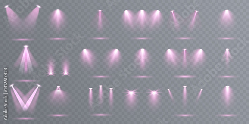 Stage spotlight with realistic glowing beams and dramatic light effects. Vector illustration featuring studio lighting, concert spotlights, and focused illuminated rays. The transparent background