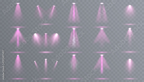 Stage spotlight with realistic glowing beams and dramatic light effects. Vector illustration featuring studio lighting, concert spotlights, and focused illuminated rays. The transparent background