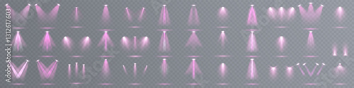 Stage spotlight with realistic glowing beams and dramatic light effects. Vector illustration featuring studio lighting, concert spotlights, and focused illuminated rays. The transparent background