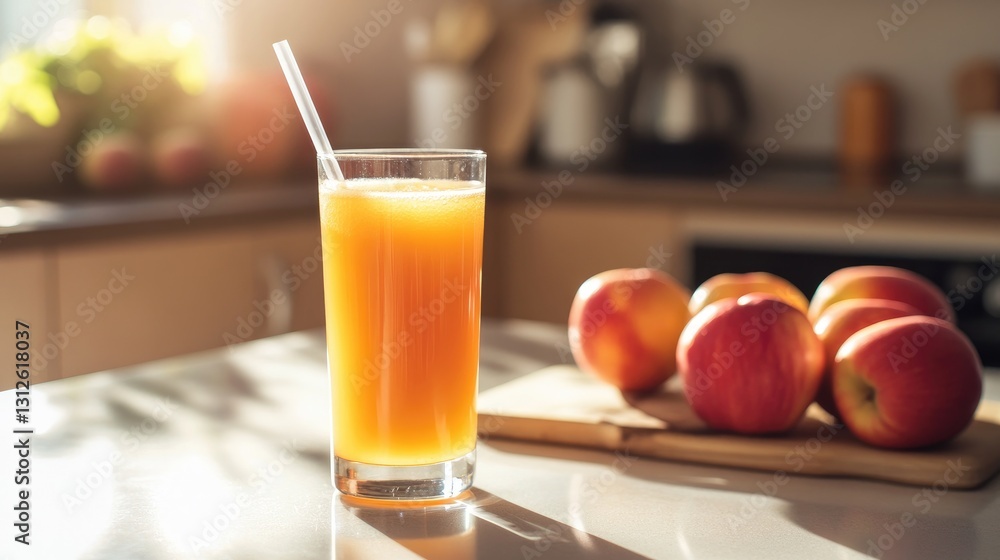 Refreshing Orange Juice in a Glass Served with Fresh Red Apples on a Bright Kitchen Countertop Refreshing Orange Juice in a Glass Served with Fresh Red Apples on a Bright Kitchen Countertop