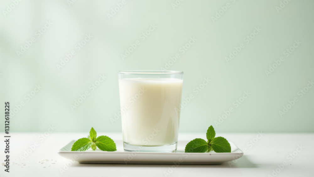 Clear glass of milk on saucer with mint leaves. Clear glass of milk on saucer with mint leaves.