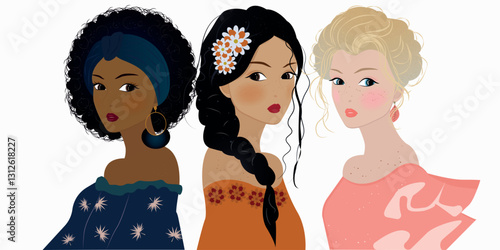 People of different nationalities. Multiracial. Vector image of women of Caucasoid, Mongoloid and Negroid races