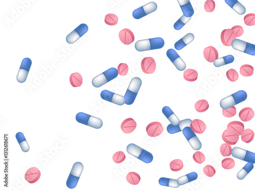 Anti-cold pills medical vector illustration. Capsule drugs and tablets illness prescription elements. Blue white and pink pills, emergency treatment or vitamins. Painkiller tablets concept.