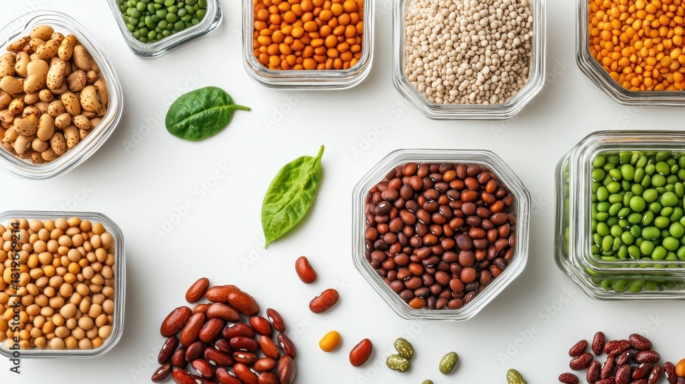Dried legumes beans wholesome concept. A visually appealing arrangement of various colorful legumes and seeds in glass jars, complemented by fresh green leaves on a white surface. Dried legumes beans wholesome concept. A visually appealing arrangement of various colorful legumes and seeds in glass jars, complemented by fresh green leaves on a white surface.