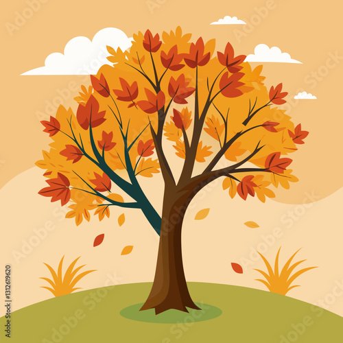 Set of tree and leaf collection hand drawn flat design vector element. botanical set of bare trees and ones with leaves and lush green
