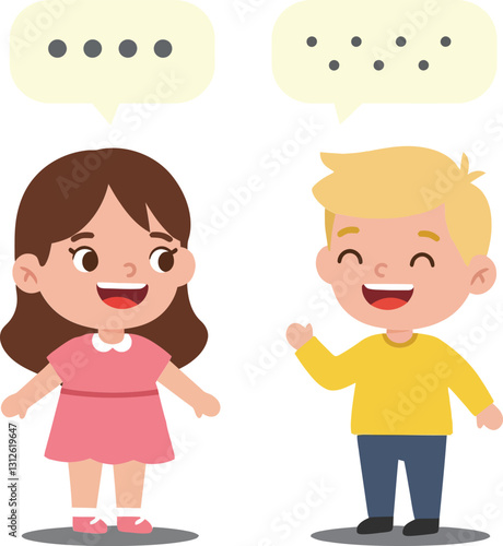 Two cheerful children engaged in conversation, illustrated in a flat design style, with speech bubbles conveying playful dialogue, vector illustration