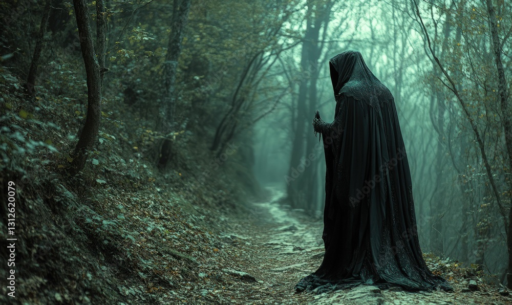 Hooded figure walks misty forest path Hooded figure walks misty forest path