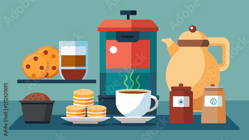 The office snack station boasts a selection of gourmet coffee and tea pods along with creamers sweeteners and assorted biscuits for a quick pickmeup. Vector illustration