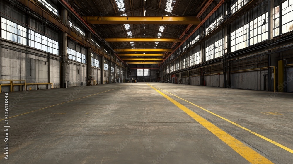 Fototapeta premium Expansive industrial warehouse interior showcasing empty space with yellow lines and large windows