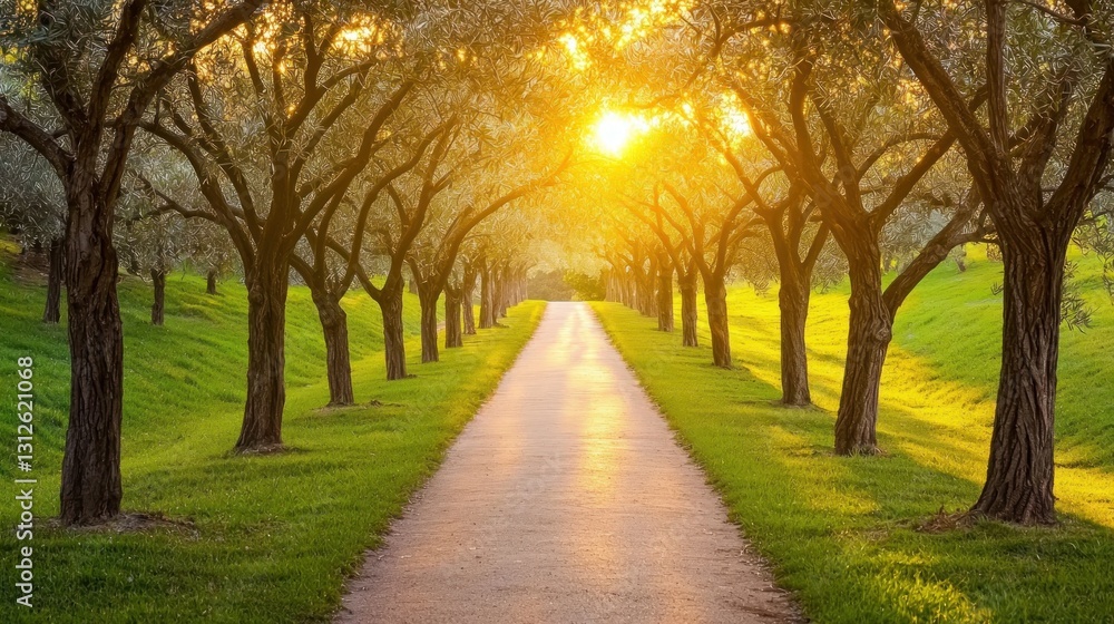 Naklejka premium Sunlit park pathway through trees at golden hour