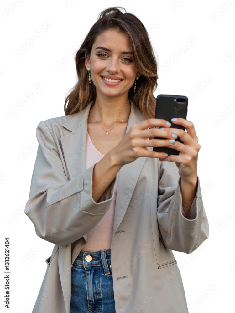 Woman smiling while holding a phone Isolated on white or transparent png. Woman smiling while holding a phone Isolated on white or transparent png.