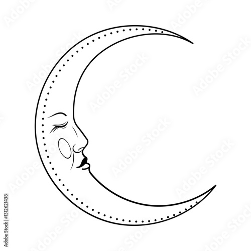 A crescent moon with a gentle face serenely gazes, surrounded by a calming aura of simplicity.