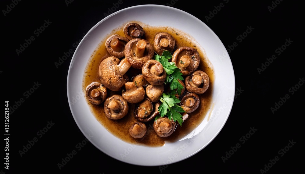 Fototapeta premium Delicious button mushrooms with parsley and sauce filling a white plate on a black background