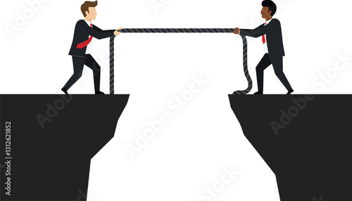 Two business professionals in suits pulling a rope across a chasm in a minimal and flat design vector illustration