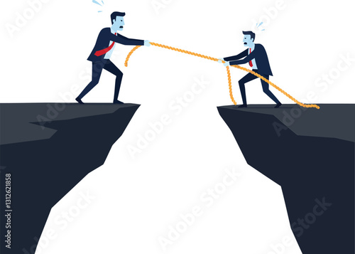 Two businessmen in suits pulling a rope across a chasm in a flat vector illustration showcasing teamwork and collaboration in a challenging situation