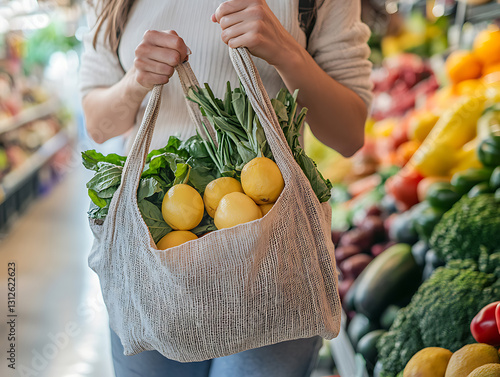 A shopper carrying a cloth bag filled with organic produce photo