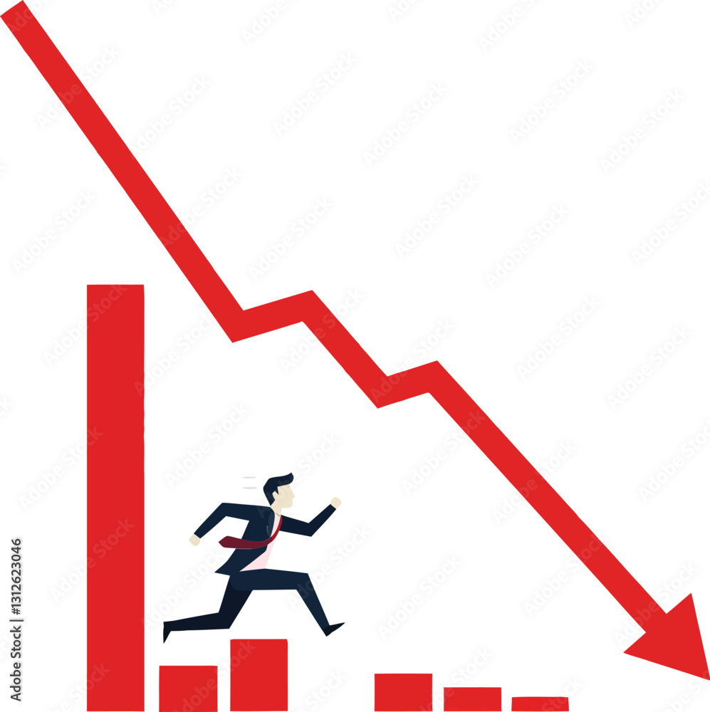 A businessman running away from a declining graph in bold red colors, showcasing urgency and concern in a flat vector illustration A businessman running away from a declining graph in bold red colors, showcasing urgency and concern in a flat vector illustration