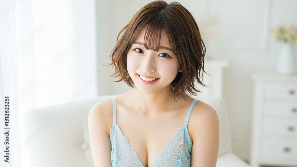 笑顔が魅力的な女性のベビードール姿 笑顔が魅力的な女性のベビードール姿