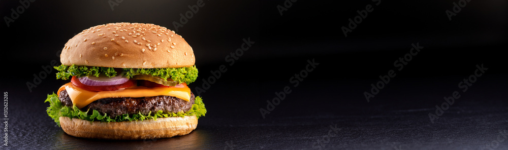 Delicious burger with lettuce, tomato, onion, pickles, beef and cheese on black background Delicious burger with lettuce, tomato, onion, pickles, beef and cheese on black background