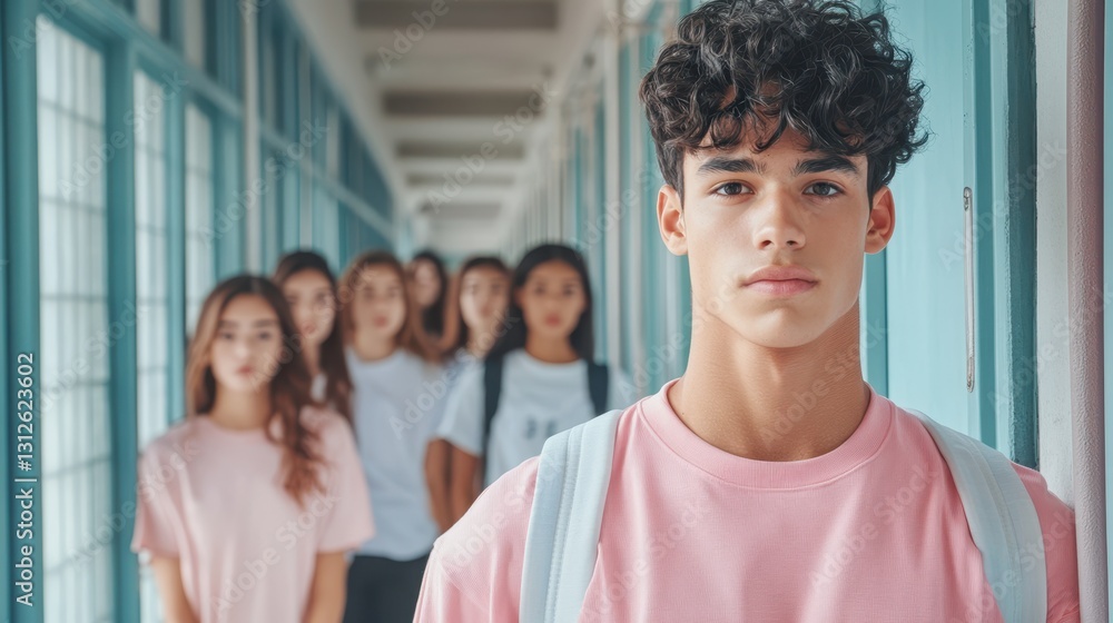 The Leader in Focus: A young man confidently leads a diverse group of students in a school corridor. The scene is bathed in natural light, creating a clean and contemporary aesthetic. The Leader in Focus: A young man confidently leads a diverse group of students in a school corridor. The scene is bathed in natural light, creating a clean and contemporary aesthetic.