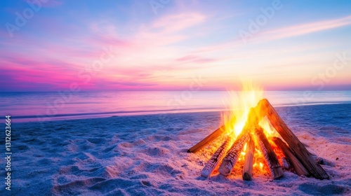 Beach Bonfire at Sunset: A captivating beach scene showcases a bonfire's flickering flames against a stunning sunset over the tranquil ocean.