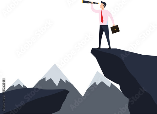 Businessman in a pink shirt and red tie using a telescope while standing on a rocky cliff surrounded by mountains in flat vector art