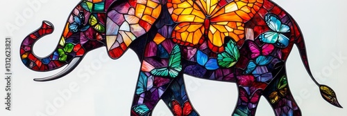 Stained Glass Elephant with Butterflies - A vibrant stained glass artwork depicting an elephant adorned with colorful butterflies, symbolizing beauty, transformation, wisdom, freedom, and peace