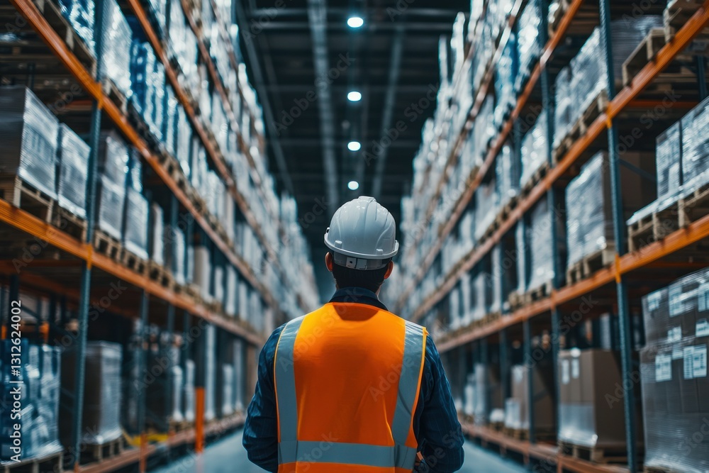 Warehouse Worker in Safety Vest Observing Organized Shelves of Boxes and Goods Warehouse Worker in Safety Vest Observing Organized Shelves of Boxes and Goods