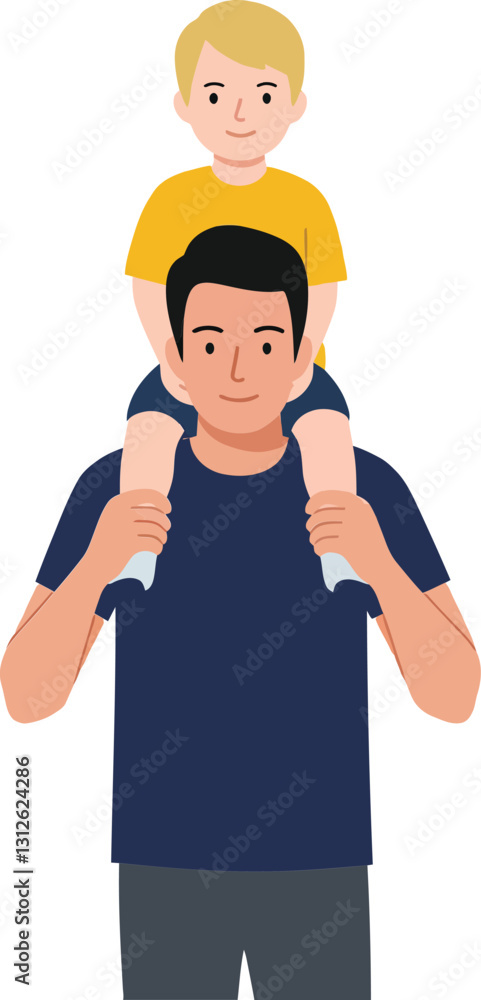 Father carrying son on shoulders in a joyful, flat design style showcasing love and connection in vector illustration Father carrying son on shoulders in a joyful, flat design style showcasing love and connection in vector illustration
