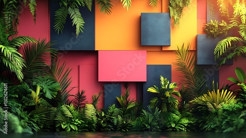 A vibrant tropical setting with geometric shapes and plants