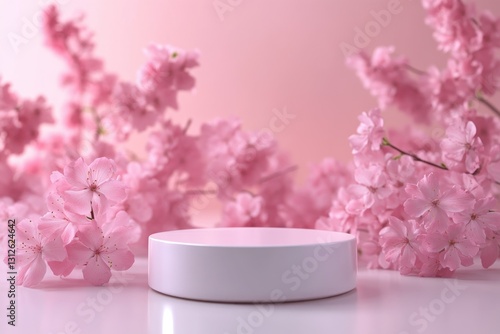 Elegant Pink Cherry Blossom Display with Round Stand for Beauty and Wellness Presentations