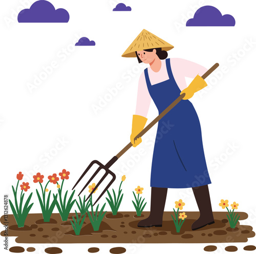 A gardener in a blue apron tending to vibrant flowers in a sunny garden setting with a fork, flat vector illustration