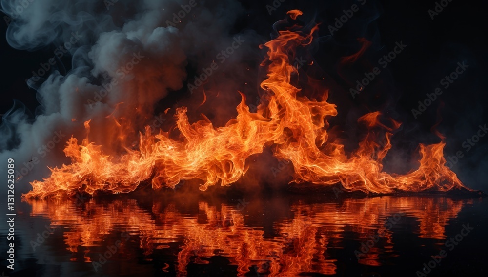 Fiery Reflections Dramatic Fire Image with Smoke and Water Fiery Reflections Dramatic Fire Image with Smoke and Water