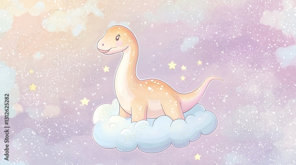Charming kawaii style Brachiosaurus floating on a pastel cloud surrounded by tiny stars Charming kawaii style Brachiosaurus floating on a pastel cloud surrounded by tiny stars