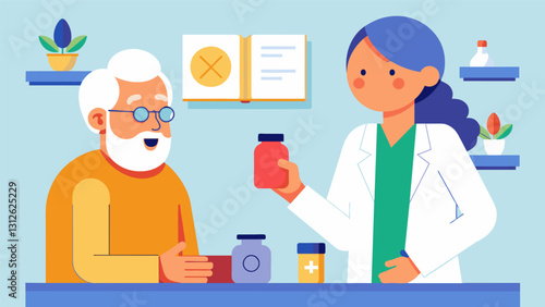 An elderly woman listening attentively as the pharmacist explains how certain supplements like turmeric can have antiinflammatory effects and improve joint health.. Vector illustration