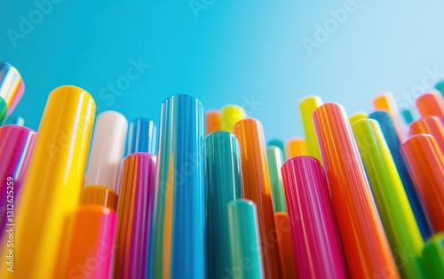 Colorful cylindrical shapes, abstract design, outdoors, vibrant colors