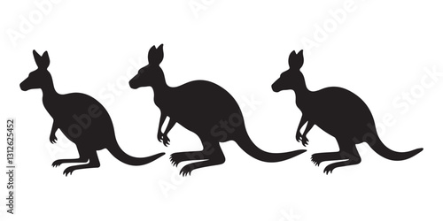 Kangaroo family silhouettes black and white australian wildlife art set icon jump cute baby fauna