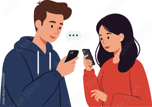 Engaged young couple sharing messages on smartphones in casual attire, flat design vector art