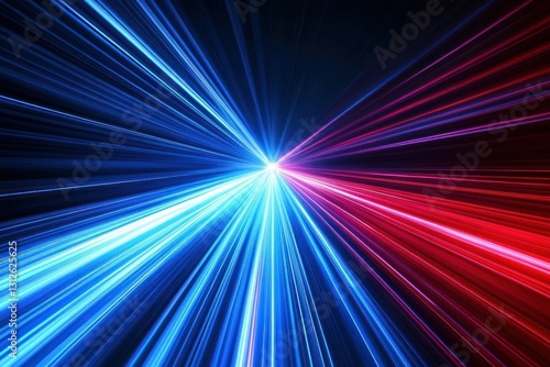 Dynamic Visual Representation of Light Beams in Blue and Red Colors Against Dark Background