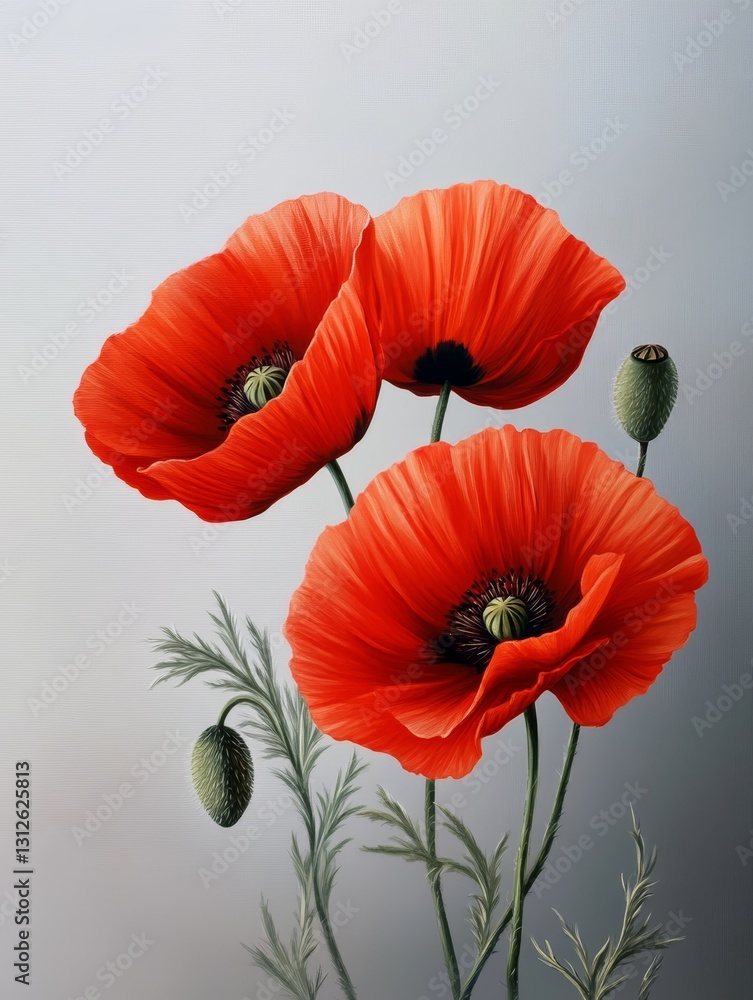 Fototapeta premium Vibrant Red Poppies - Three red poppies in full bloom, with buds, against a soft gray background. A stunning botanical
