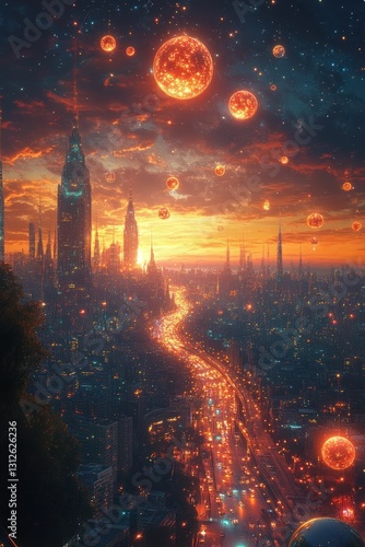 Futuristic city sunset  fiery celestial bodies.