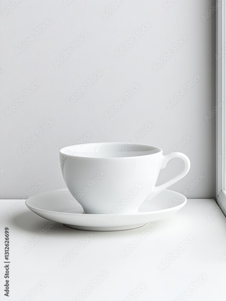 White Teacup and Saucer Minimalist Still Life - A pristine white teacup rests on a matching saucer against a bright white background. Simple elegance White Teacup and Saucer Minimalist Still Life - A pristine white teacup rests on a matching saucer against a bright white background. Simple elegance