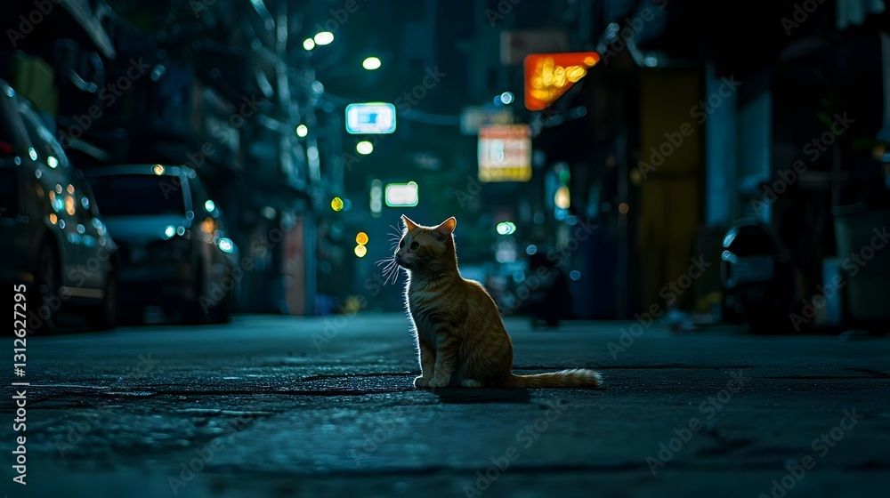 Obraz premium Orange Tabby Cat Sitting Alone on a Dark City Street at Night